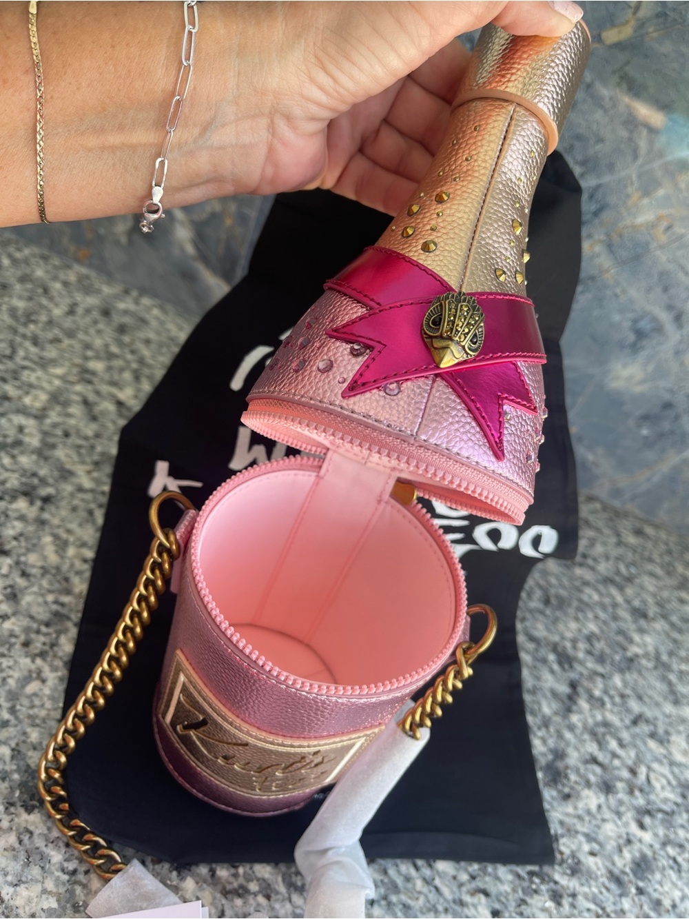 Kurt Geiger Champagne Bottle Crossbody Purse Pinks & Gold PU Leather/Dust BagNWT - Picture 6 of 17